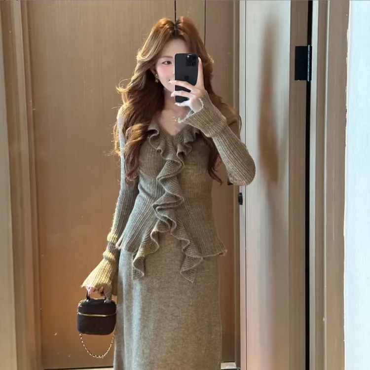 秋季新款通勤简约轻熟风法式时尚套装长裙秋冬连衣裙花边修身