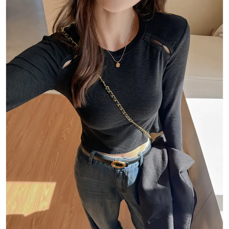 严选黑色镂空长袖打底衫女春秋新款修身显瘦辣妹内搭外穿正肩上衣