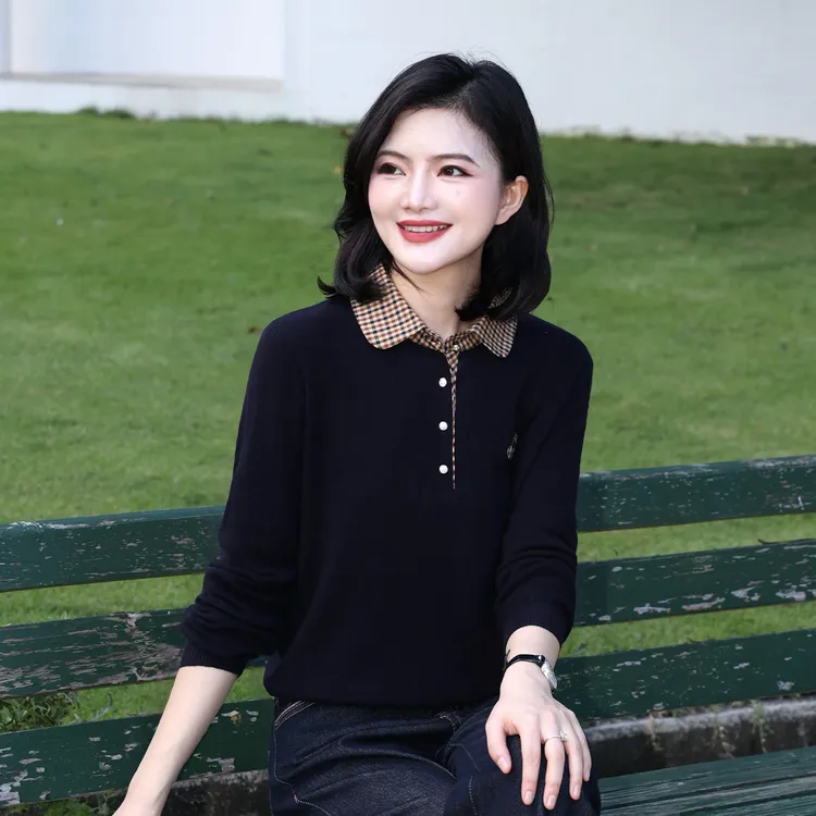 【假两件针织衫】阿楠anan智性风格纹Polo领羊毛上衣女秋季出游毛衣