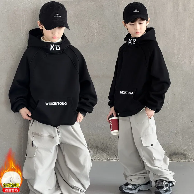 男童加绒加厚卫衣秋冬季连帽中大童休闲帅气韩版炸街儿童上衣男孩