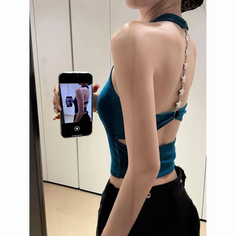 辣妹性感吊带背心外穿星星链条内搭高级露背挂脖美背紧身网红短款