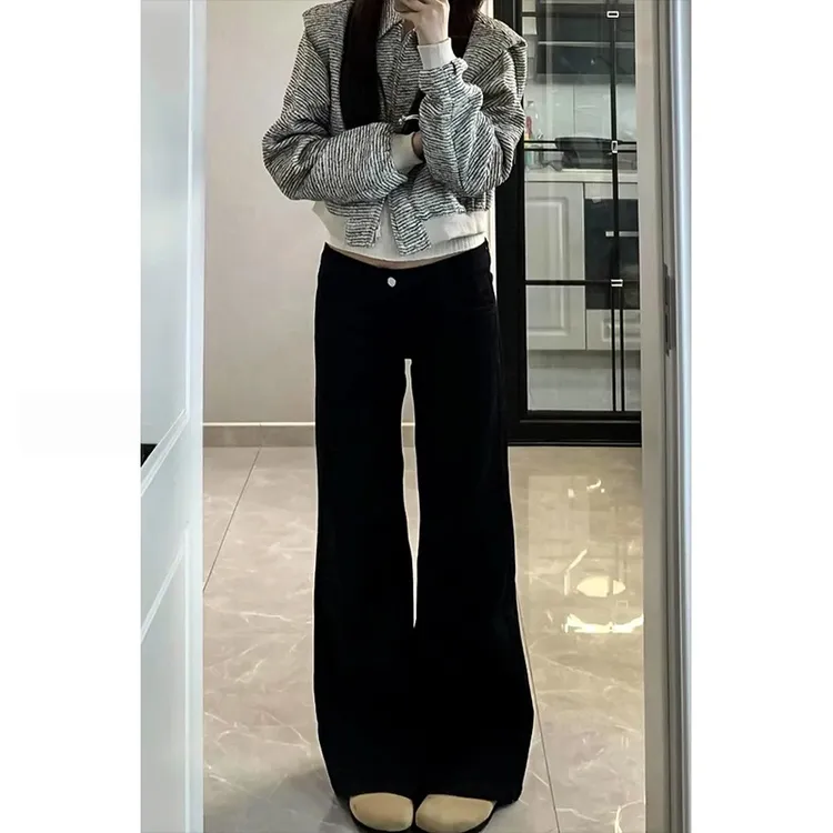 黑色微喇牛仔裤女秋季新款大码胖mm弹力显瘦梨型身材阔腿马蹄裤子
