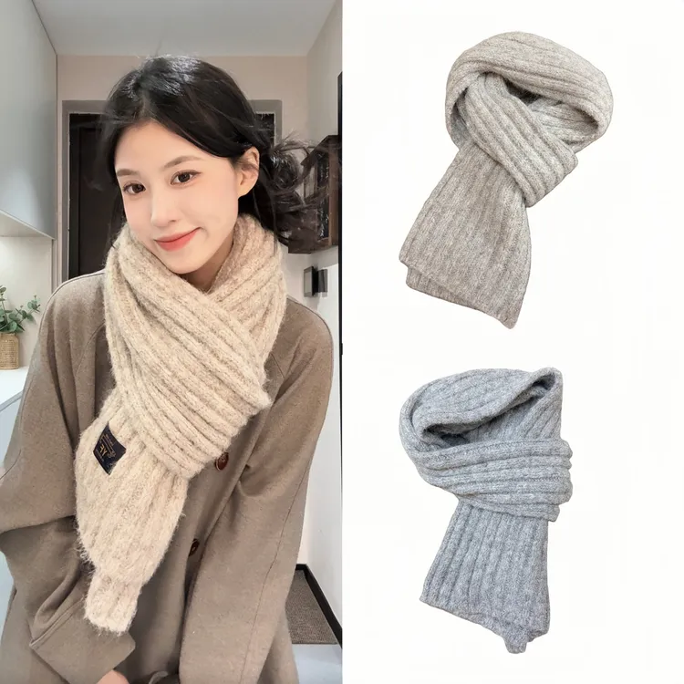 格子不起球针织男女通用保暖围巾日系韩版加厚纯色