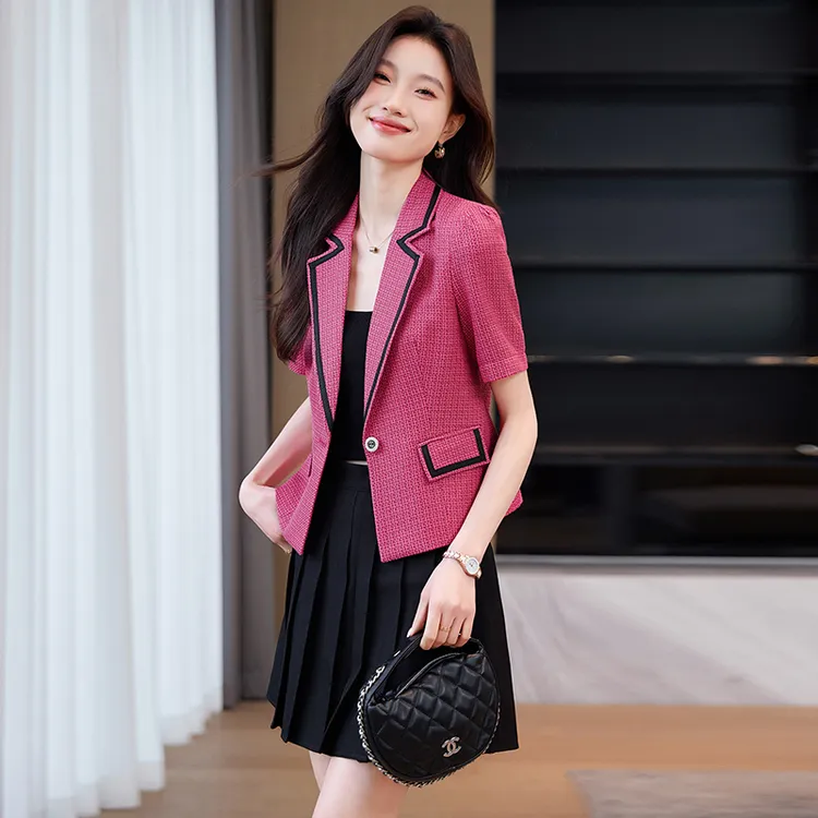 玫红色西装短袖外套女2025新款夏季气质时尚小个子高级感西服上衣