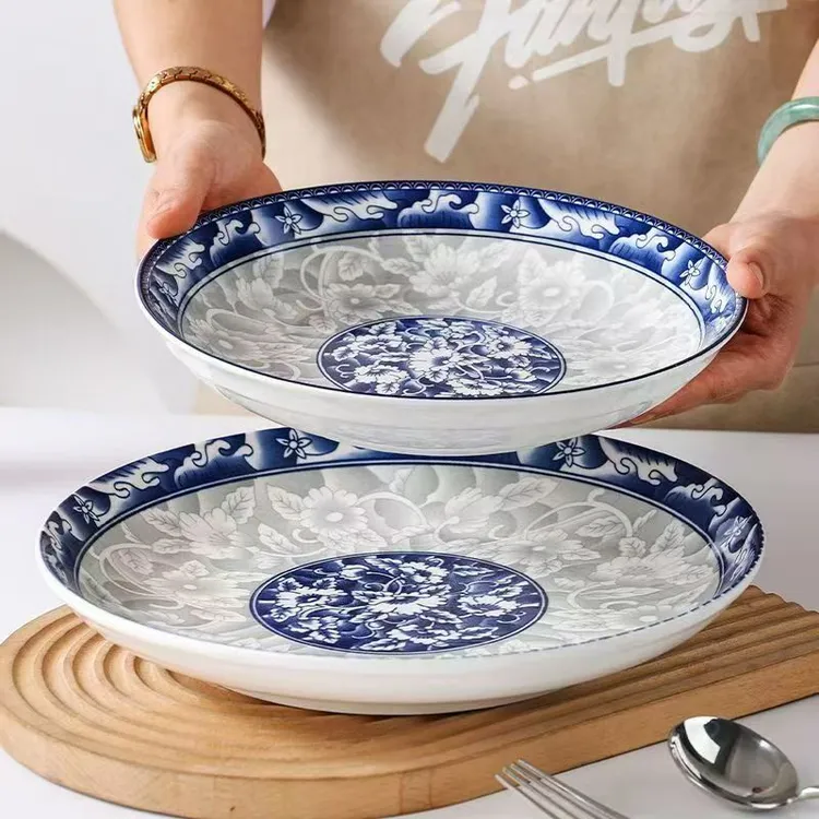 4支装青花瓷盘子餐具拌面盘子加厚大盘复古盘剁椒鱼头炒鸡盘子
