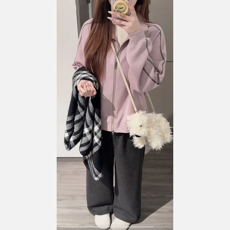 紫色拉链卫衣女外套秋冬新款设计感宽松夹克开衫短款小个子上衣女