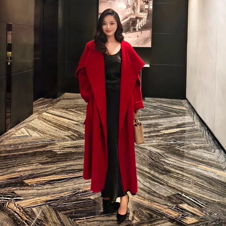 超好看红色结婚双面呢子大衣女中长款2025冬季新款大翻领毛呢外套