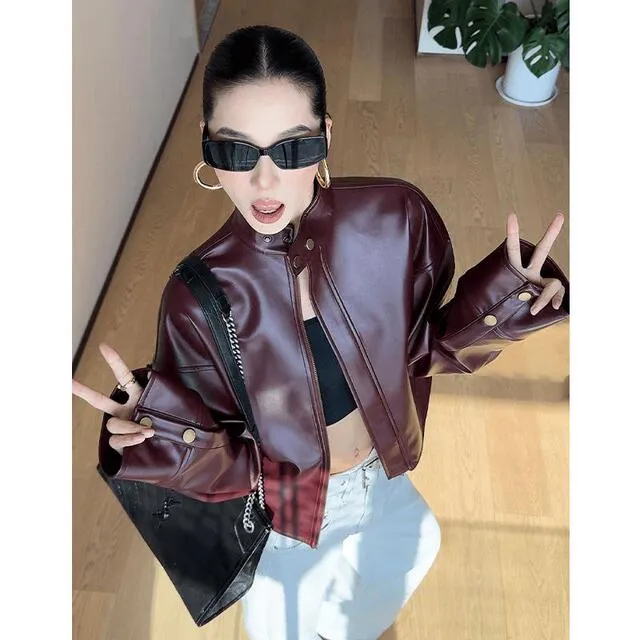 韩系高级感立领长袖外套女春季新款时尚显瘦皮衣减龄小众PU皮开衫