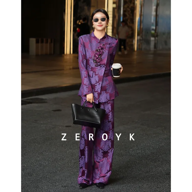 ZEROYK 翎蔻新中式国风复古提花套装高级重工订花西服长裤两件套