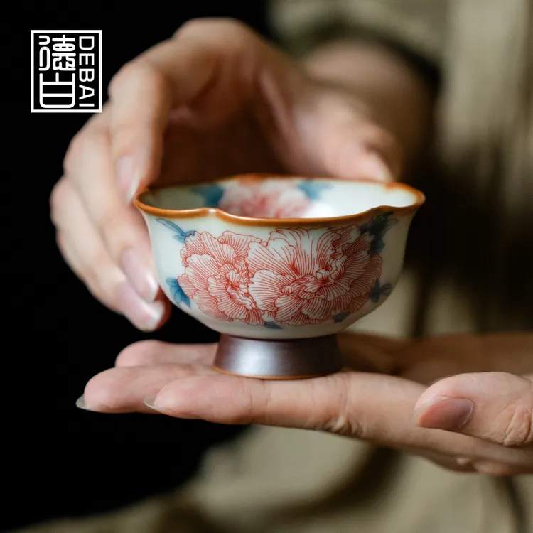 德白中式汝窑芙蓉花高足花瓣杯陶瓷主人杯个人专用杯开片可养茶杯
