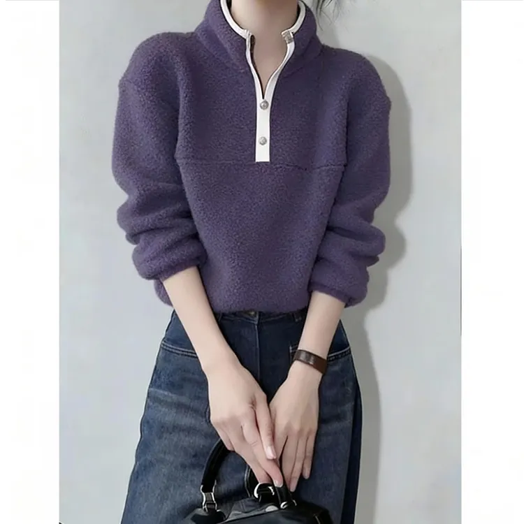 多巴胺紫色摇粒绒套头卫衣女2025秋冬新款独特别致小众不撞款上衣