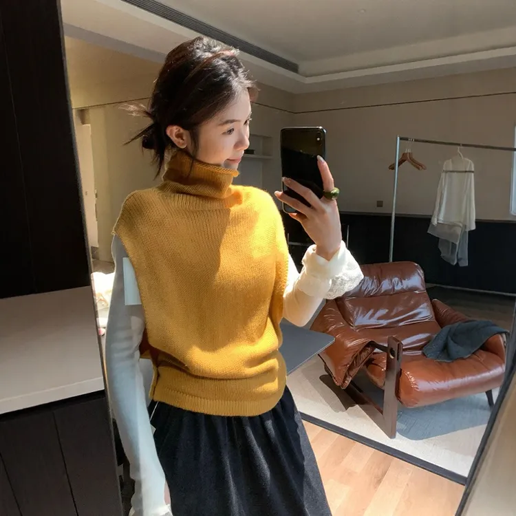 法式黄色高领无袖毛针织衫秋季别致外搭叠穿软糯坎肩毛衣背心上衣