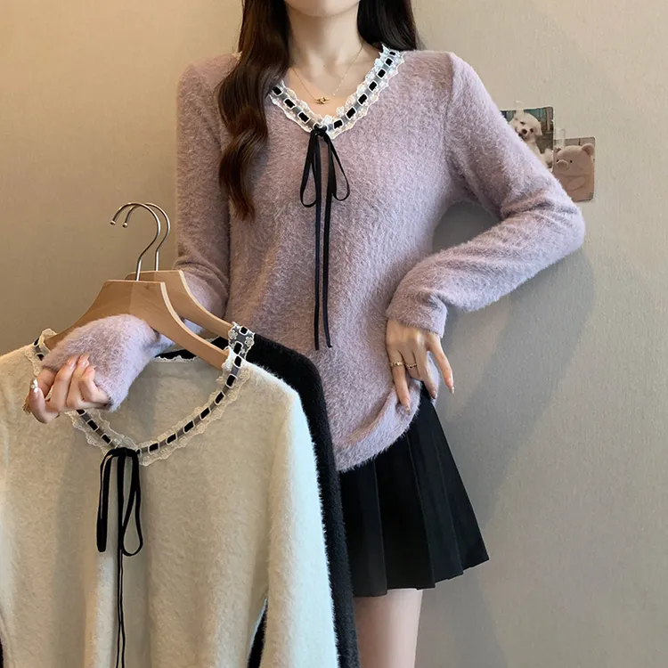 2025冬装新款胖mm大码女百搭蝴蝶结蕾丝勾花针织上衣毛衣 A1046