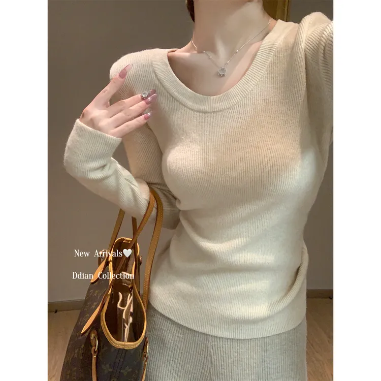 韩系气质U领内搭打底衫女2025修身显瘦毛衣轻熟风长袖针织上衣女