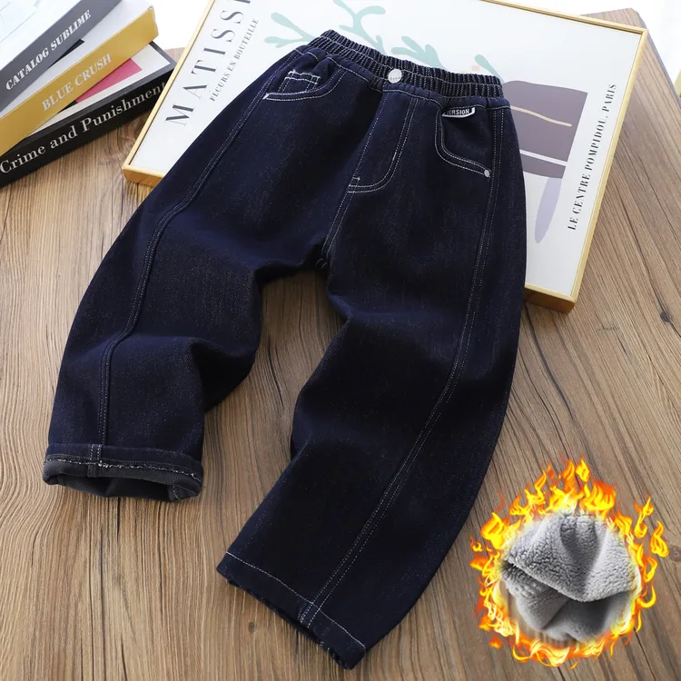 男童帅气百搭一体绒原色牛仔裤2025冬季儿童长裤中大童保暖冬棉裤