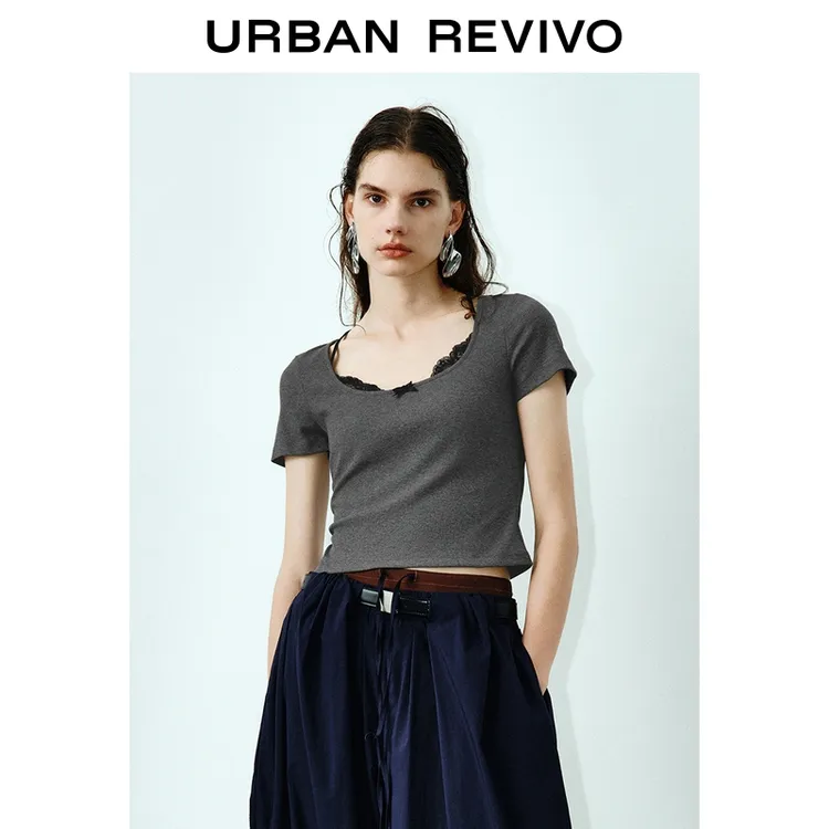 UR2025秋季新款女装拼接吊带蕾丝短款修身短袖T恤UWG450183