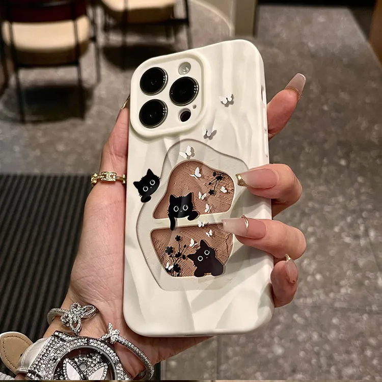 窗口黑色小猫适用iphone16苹果15pro手机壳14plus褶皱13磨砂12/11