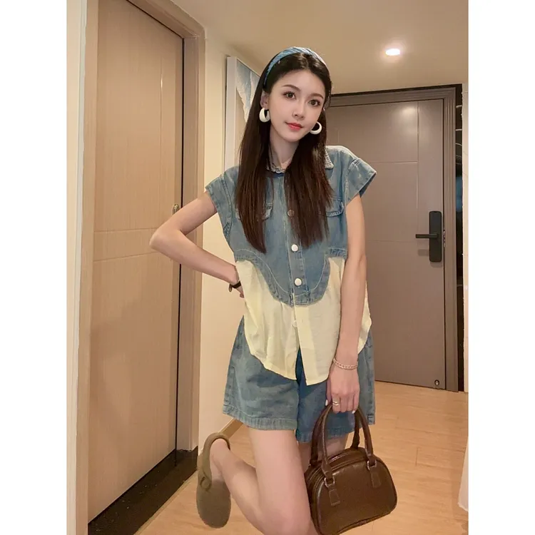 牛仔套装女2025夏季新款韩版无袖牛仔拼接上衣小个子短裤两件套
