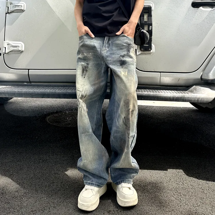 QUALCOMM秋季潮流扎染阔腿牛仔裤男2025新款美式复古宽松直筒长裤