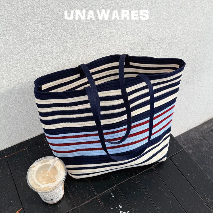 托特包可折叠车缝线条纹单肩包涤棉防脏耐磨字母方款