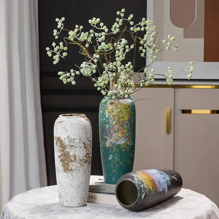 景德镇复古粗陶釉面中式九尾狐植物花瓶客厅餐桌装饰插干花器陶瓷