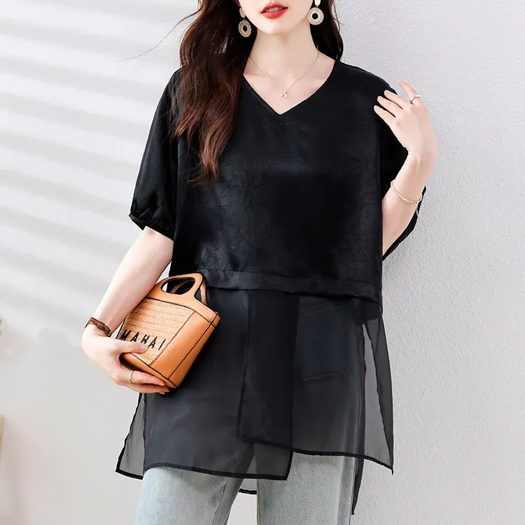 中长款拼接短袖上衣2025夏简约宽松气质百搭大码女装显瘦遮肉小衫