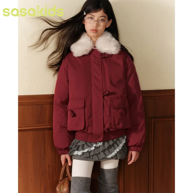 sasakids冬季保暖白鹅绒复古红色可拆卸领羽绒服外套