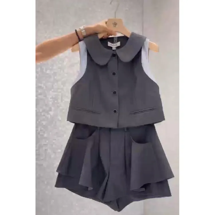 夏季新款学院风减龄套装女甜美娃娃领无袖上衣A荷叶边裙裤两件套