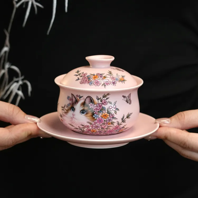 YP93粉汝窑波斯猫三才盖碗手工彩绘陶瓷泡茶碗女士茶盖碗精品轻奢