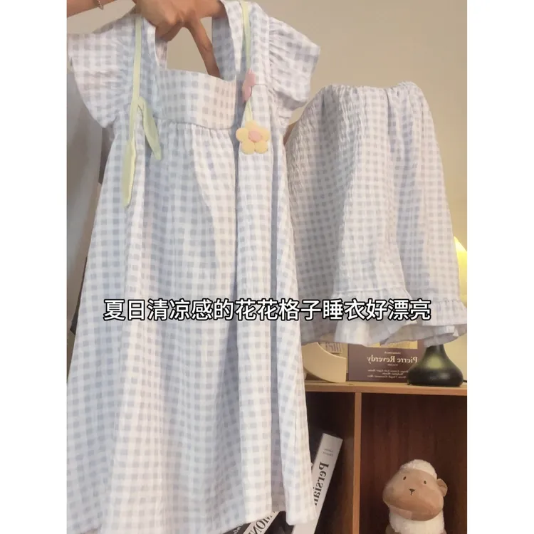 睡衣女夏季薄款小飞袖吊带2025新款可爱外出少女感家居服套装花朵