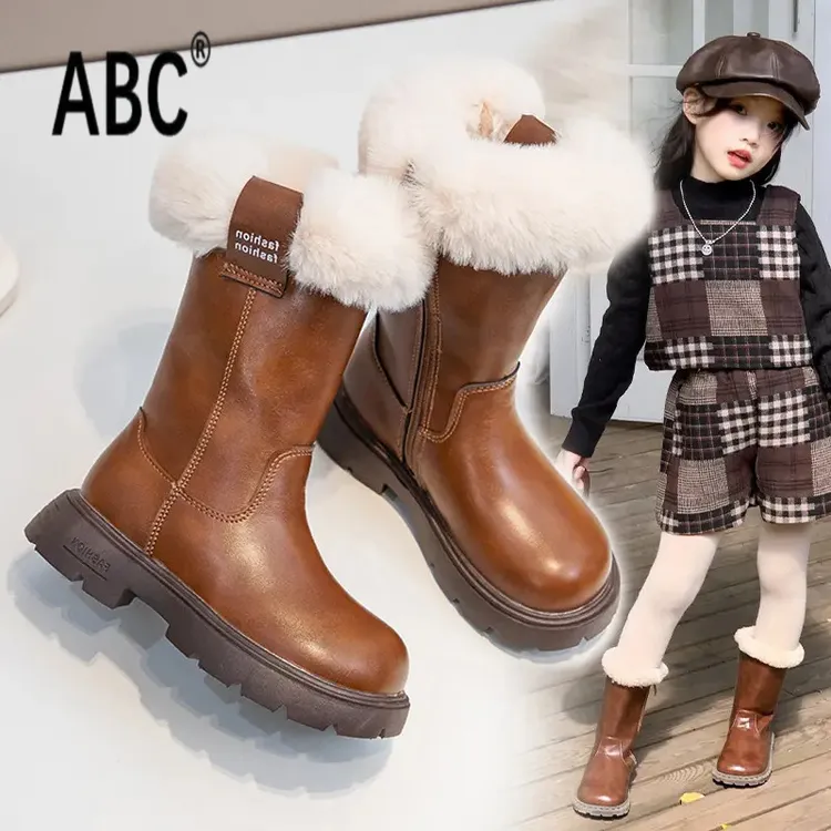 ABC女童皮棉靴公主风毛毛靴加厚冬款马丁靴儿童高筒靴长筒靴子
