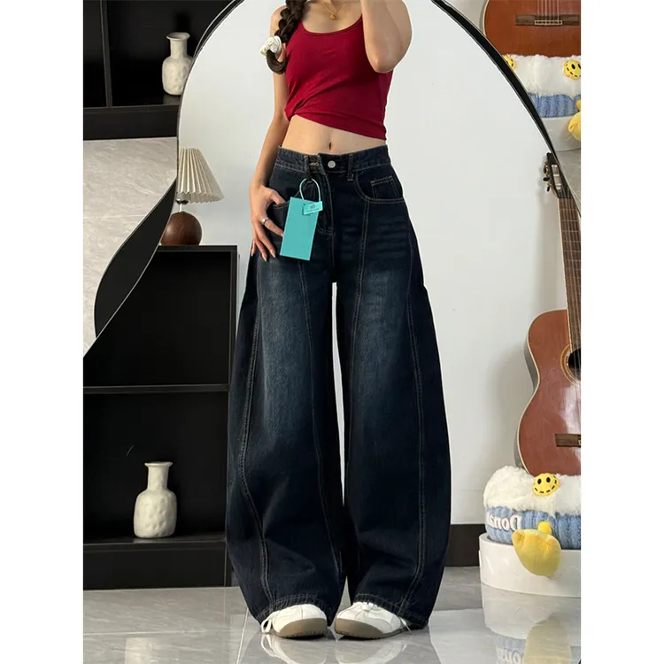 美式复古刺绣弯刀牛仔裤女秋季2025新款高腰阔腿宽松直筒镰刀裤子