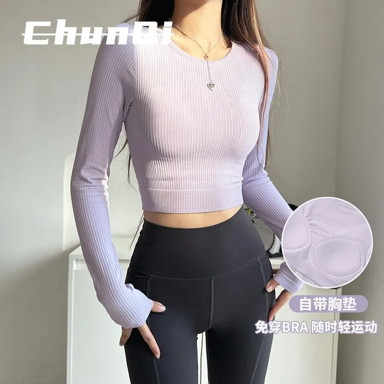 维多利亚瑜伽服T恤女含胸垫跑步健身服上衣秋冬修身显瘦运动长袖