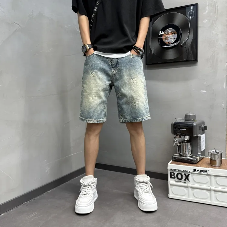 夏季美式休闲痞帅刺绣提花复古牛仔短裤男直筒宽松百搭五分裤中裤