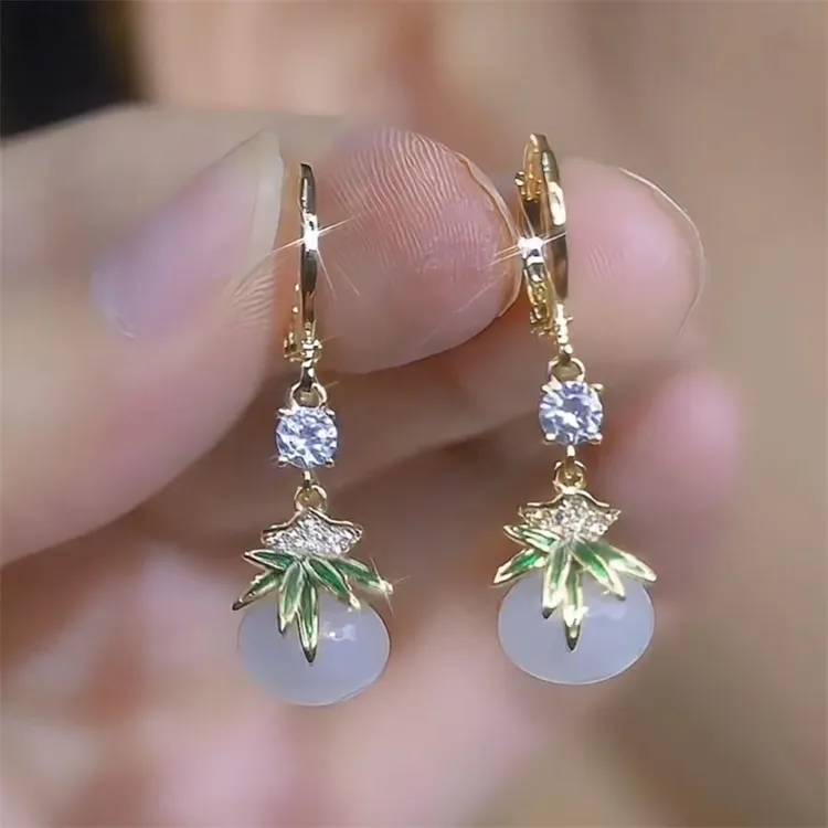 铜合金耳饰 新中式竹叶福袋流苏耳扣耳环时轻奢复古国风气质耳饰