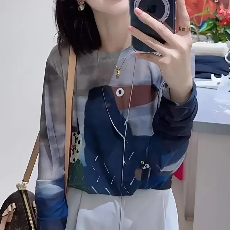【腊肠狗】双层网纱百搭时尚特色印花长袖透气打底宽松女T恤1639