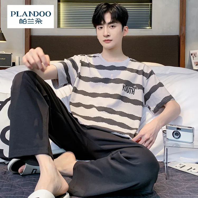 100%纯棉男士睡衣夏季短袖长裤2025年新款青年大码休闲家居服套装