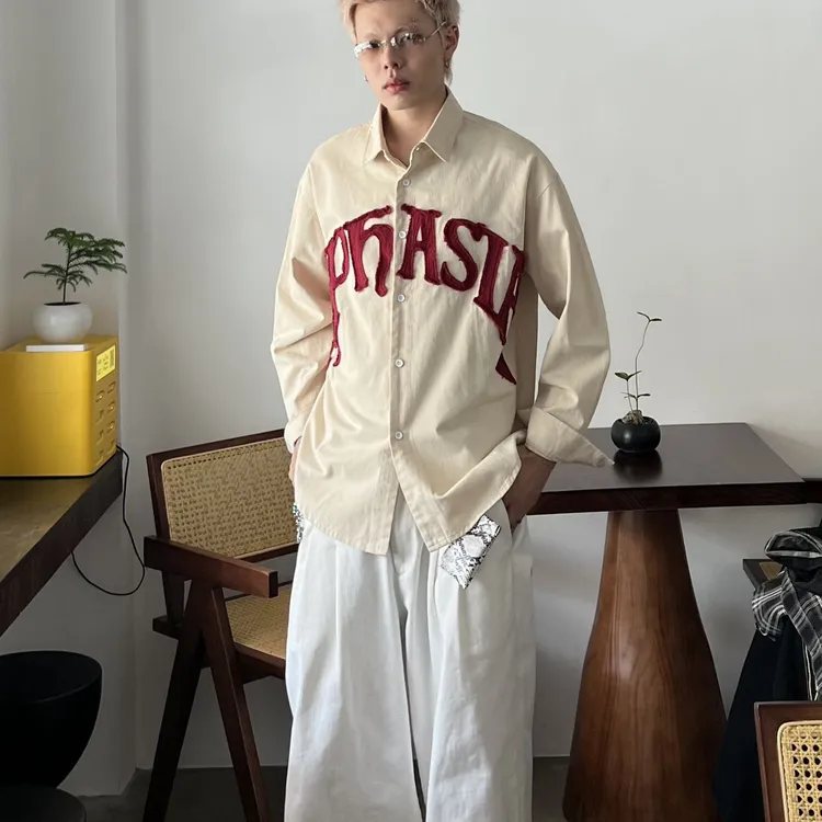 潮流贴布绣长袖衬衫男士时尚百搭文艺休闲宽松上衣外套
