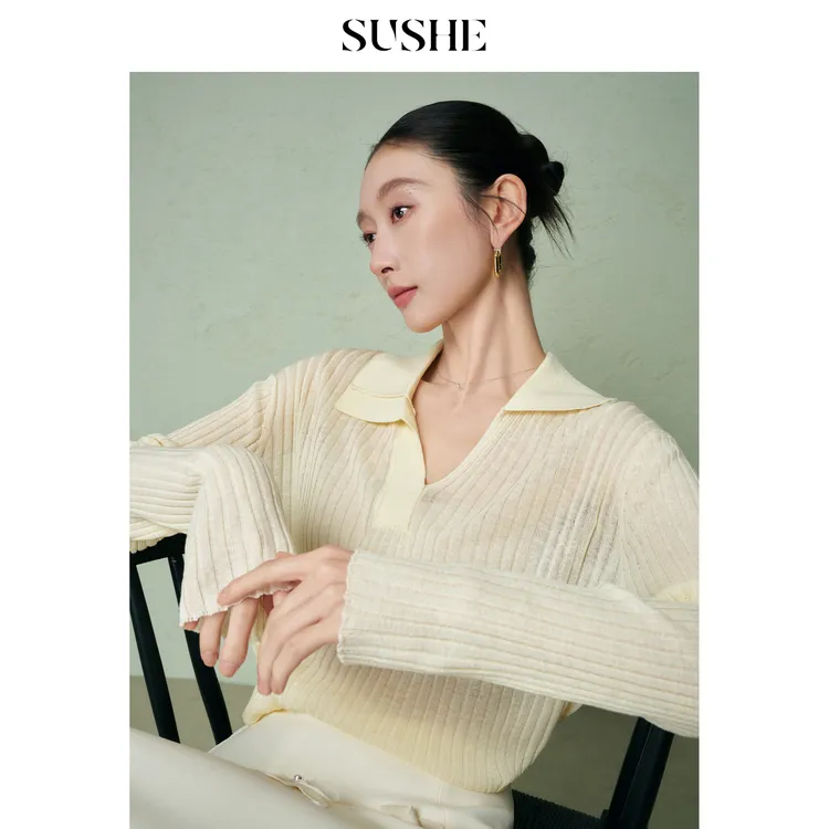 束皙SUSHE 暮穗 凉感天丝亚麻不规则高级翻领弹力针织衫上衣女春