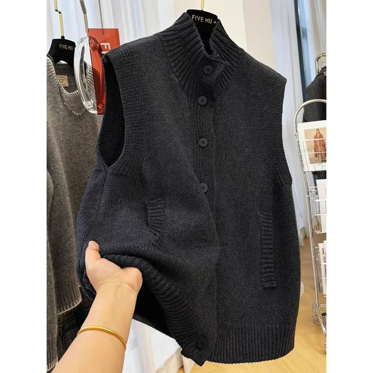 立领无袖毛线针织衫毛衣男女宽松马甲背心上衣