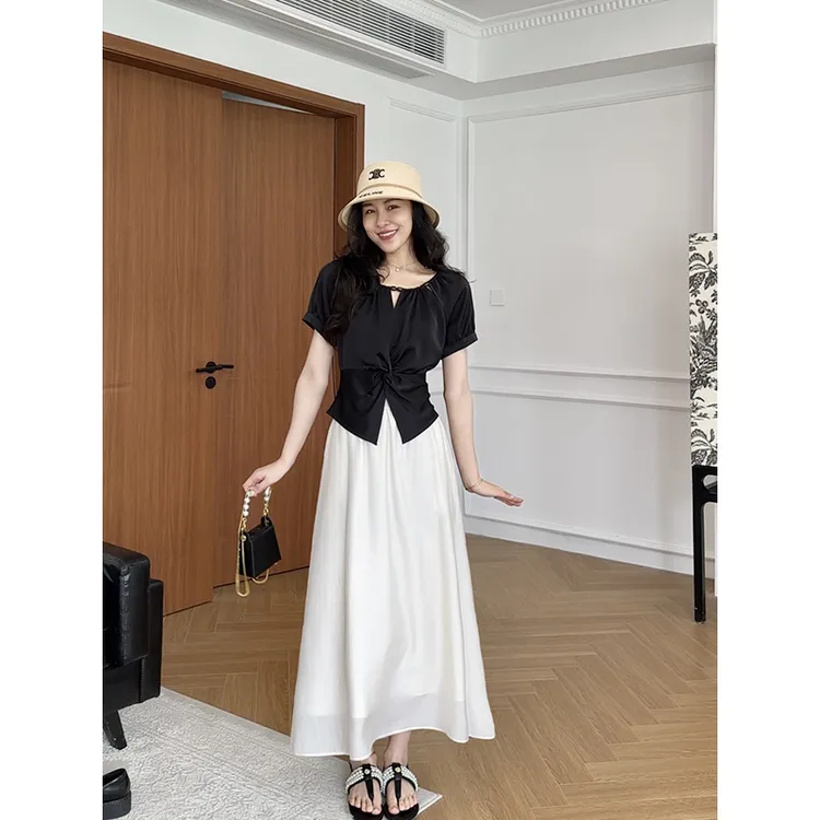 【现货】张阿星黑色时尚气质修身短袖+天丝羊毛半裙 W425A08008