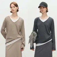 MSBEAST佰搭叠穿风双层假两件V领亲肤纯羊毛松弛卷边撞色针织衫女