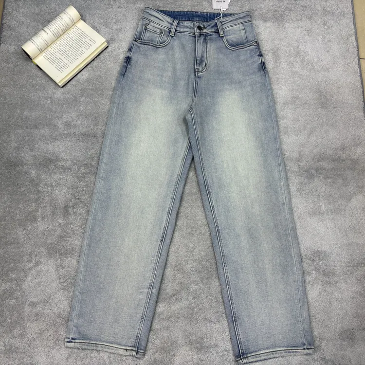 2025秋冬磨毛植绒百搭时尚老爹裤微弹阔腿水洗浅蓝牛仔裤直筒裤女