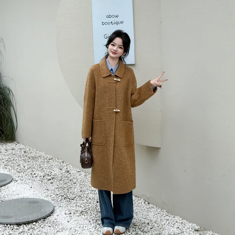 25907女士百搭韩版秋冬气质法式小香风宽松简约时尚长款羊毛大衣
