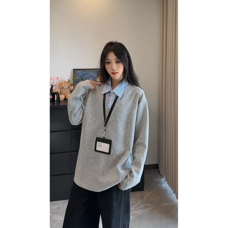 假两件条纹衬衫领长袖t恤男秋季美式重磅polo衫卫衣春秋款打底衫
