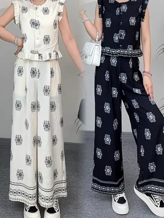 夏季新款民族风印花圆领无袖马甲阔腿裤套装