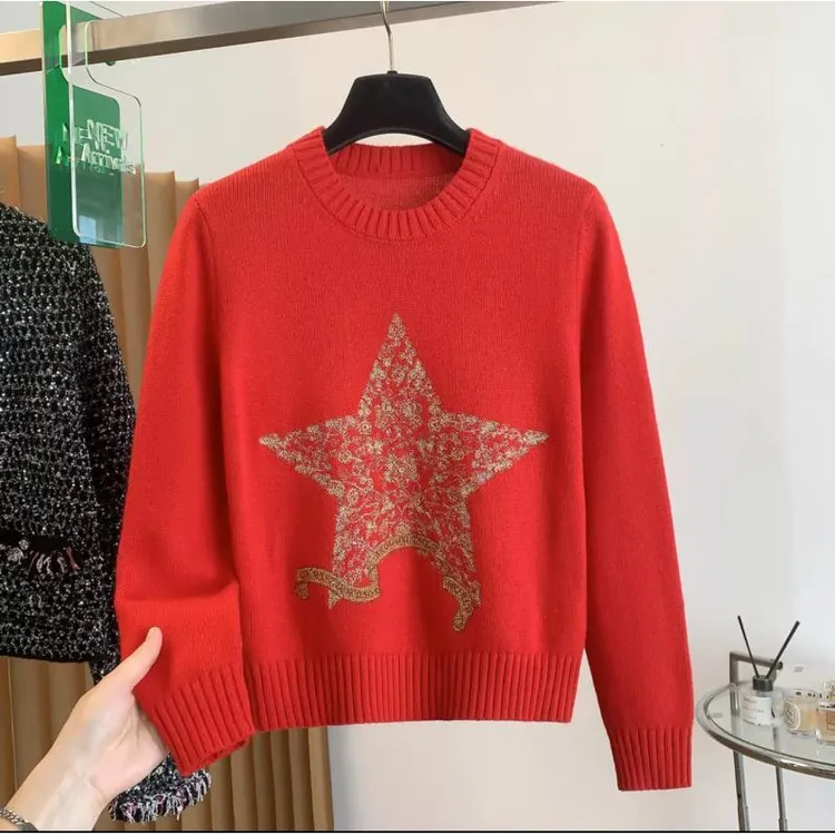 【D？】2025秋冬新款羊绒欧货小香风五角星花卉羊绒毛衣上衣女