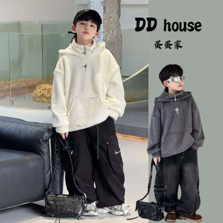 蛋蛋家【星芒】25311冬季新款洋气奶油白星芒连帽毛毛加绒卫衣