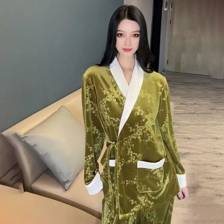 新款秋冬高级感提花国风睡衣时尚女春秋提花长袖长家居服轻奢套装