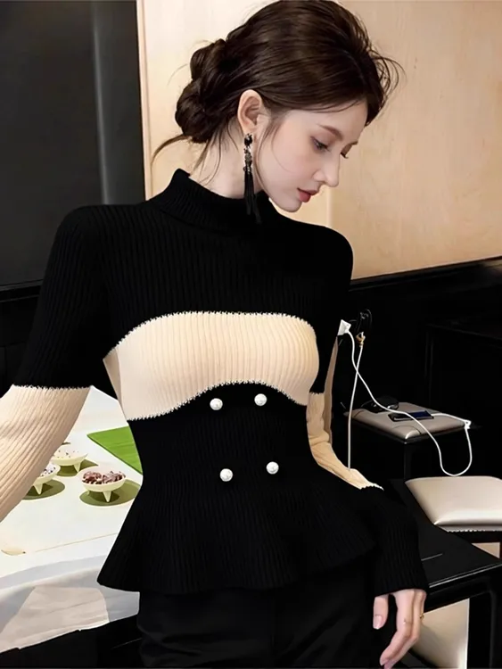 2025新款高级感优雅撞色高领荷叶边双排扣针织衫女冬小众收腰毛衣
